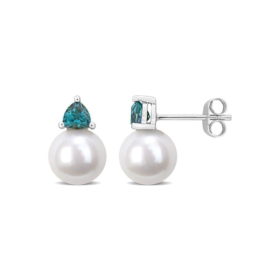 8-8.5 mm Cultured Freshwater Pearl Earrings with Lab-Created Alexandrites 10K White Gold for Women