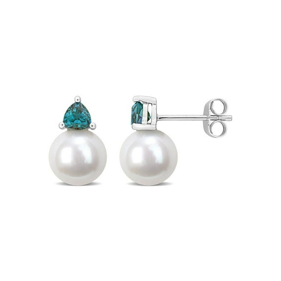 8-8.5 mm Cultured Freshwater Pearl Earrings with Lab-Created Alexandrites 10K White Gold for Women