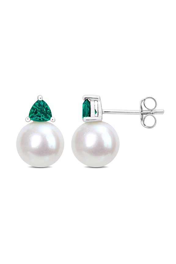 8-8.5 mm Cultured Freshwater Pearl Earrings with Lab-Created Emeralds 10K White Gold
