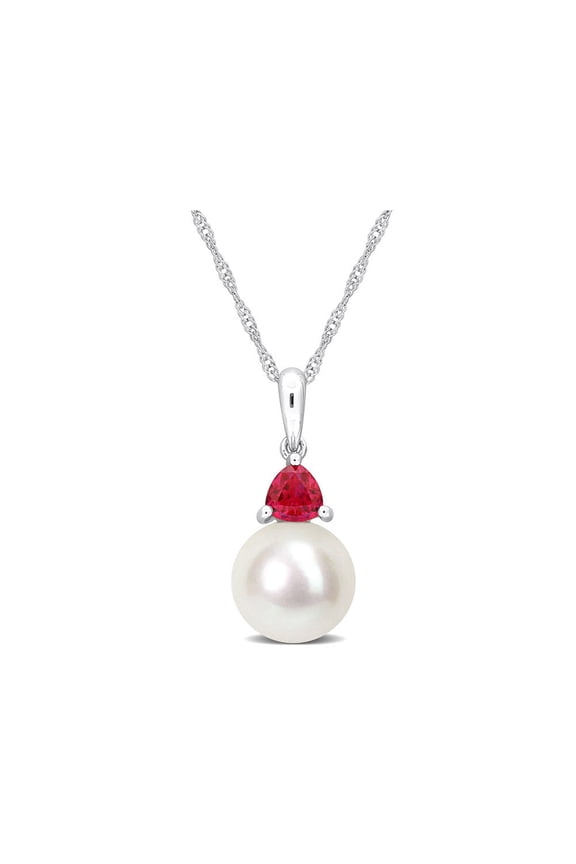 8-8.5mm Freshwater Cultured Drop Pearl Pendant Necklace with Lab-Created Ruby in 10K White Gold with Chain for Women