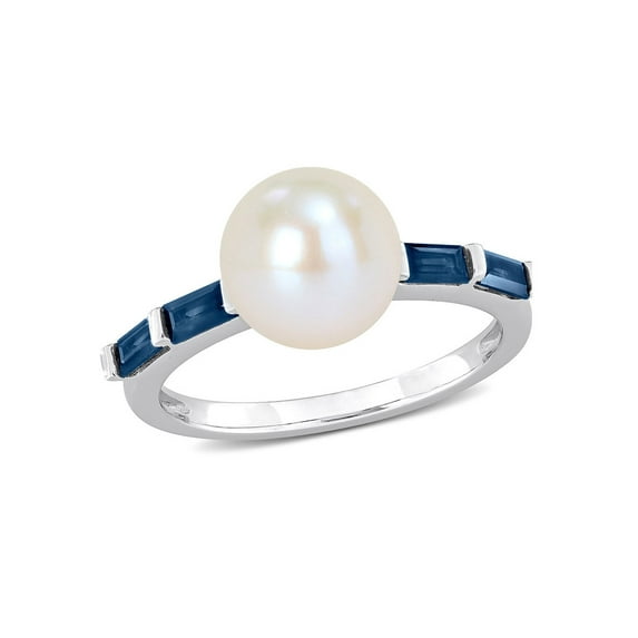 8-8.5mm White Freshwater Cultured Pear with Sapphires Ring in 10K White Gold