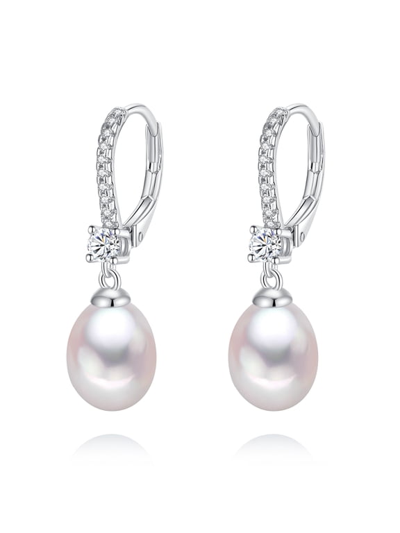 8-8.5mm White Freshwater Cultured Pearl Drop Earrings, 925 Sterling Silver , Cubic Zirconia, Lever Back Jewelry Gift for Women