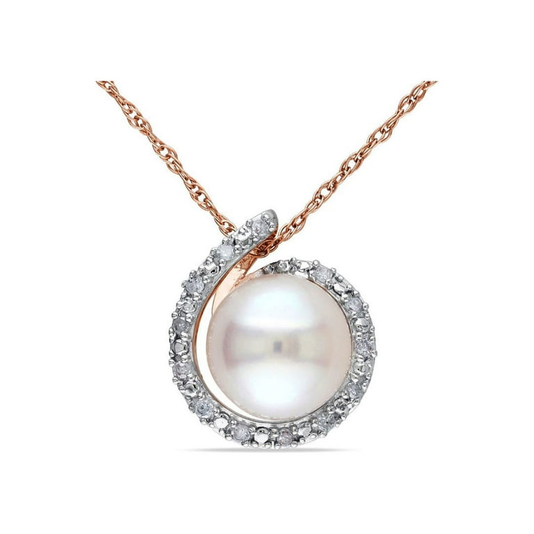 8-8.5mm White Freshwater Pearl Swirl Pendant Necklace in 14K Rose Pink Gold  with Chain