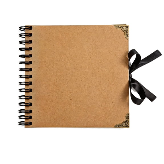 8*8 Inch Book Scrapbook Kraft Paper, Handwritten Free Collage Notebook Coil Book Bow Design, Brown