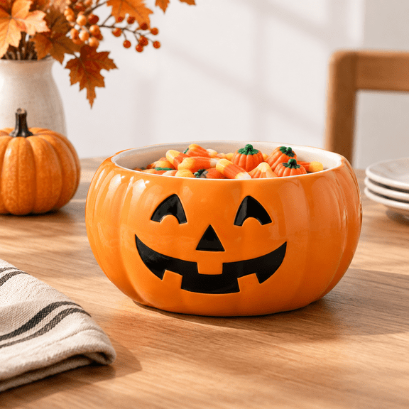 8.8 Inch Orange Ceramic Pumpkin Serving Bowl For Candies, Chocolates And Cookies