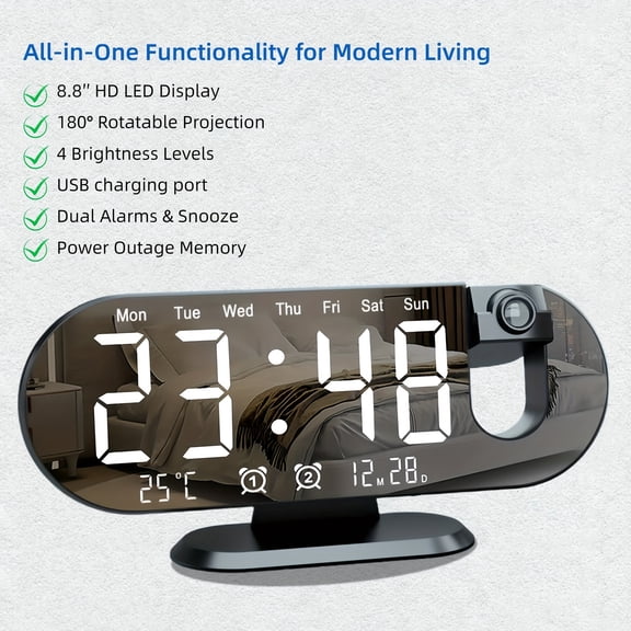 8.8" Large Screen Projection Alarm Clock Rotatable Projector Dimmable USB Charging Power Failure Memory Bedroom Office Christmas Gift