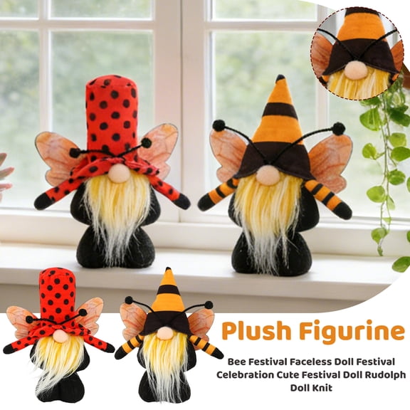 8.8" Spring Bee Faceless Gnome Figurine, Plush Bumblebee & Ladybug Doll with Wings and Antennae, Rustic Farmhouse Tiered Tray Decor Ornament (1 Pc)