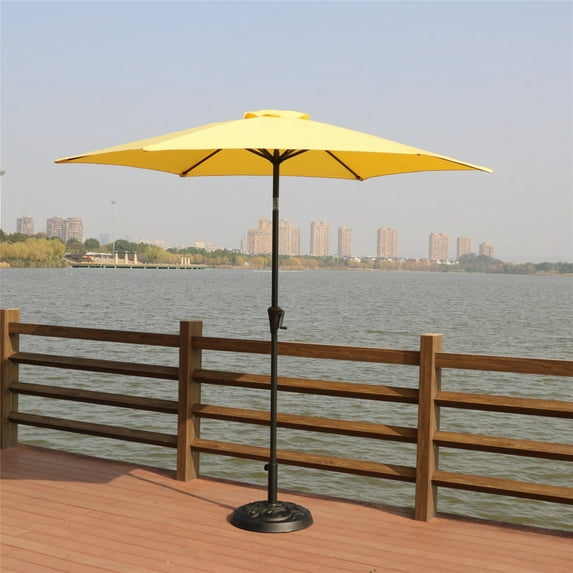 8.8 feet Outdoor Aluminum Patio Umbrella,Market Umbrella with 33 pounds Round Resin Umbrella Base,Push Button Tilt and Crank lift,Yellow