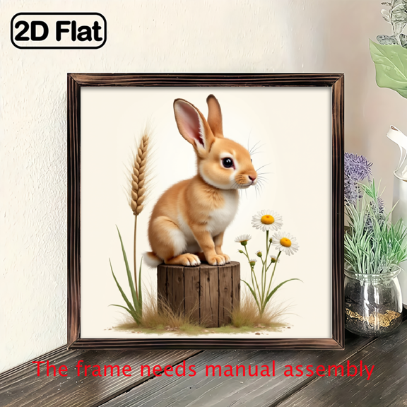 8*8 inch wooden frame painting - A rabbit sitting on a wooden stake. It is a home decoration item and also a great gift choice.