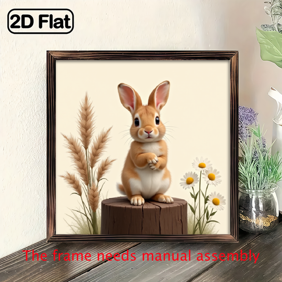 8*8 inch wooden frame painting - A rabbit sitting on a wooden stake. It is a home decoration item and also a great gift choice.