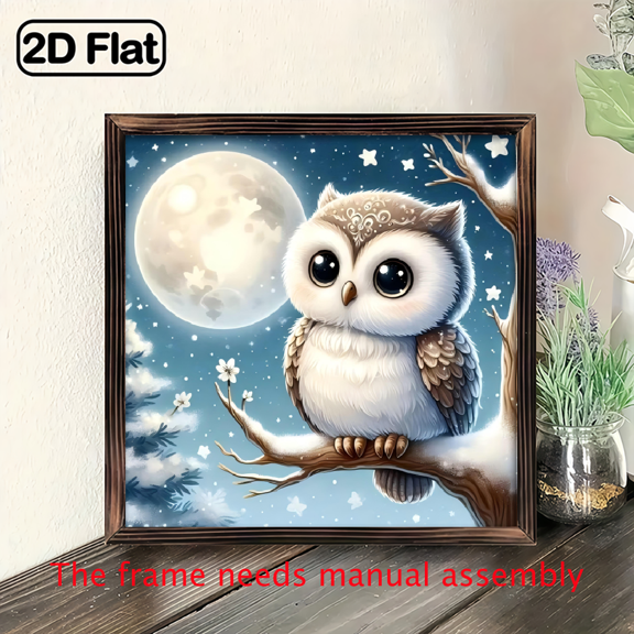 8*8 inch wooden frame painting - Cute Owl Night Scene. It can be used as a home decoration item or as a wonderful gift.