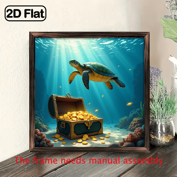 8*8 inch wooden frame painting - Deep Sea Treasure Chest Turtle. It can be used as a home decoration item or as a wonderful gift.