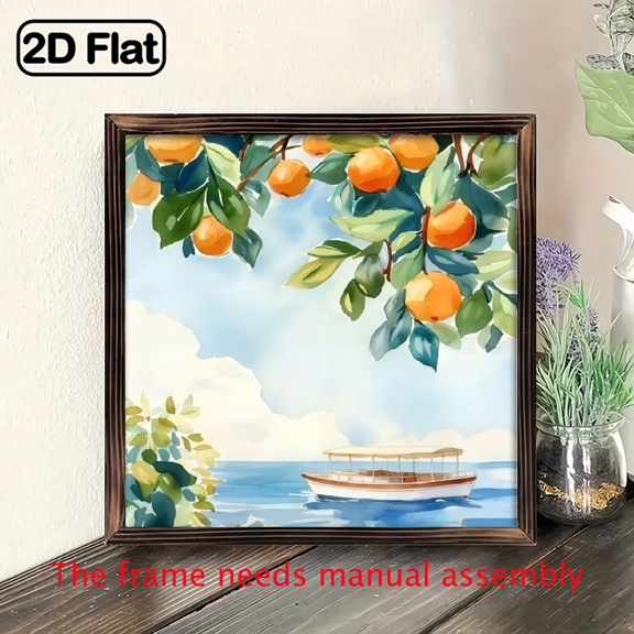 8*8 inch wooden frame painting - Fresh orange branches and a ship. It can be used as a home decoration item or as a wonderful gift.