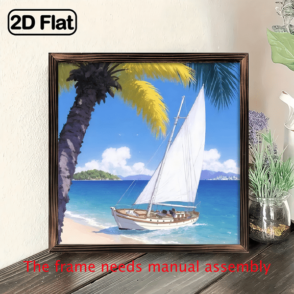 8*8 inch wooden frame painting - Sailing Boat at the Beach. It can be used as a home decoration item or a great gift.