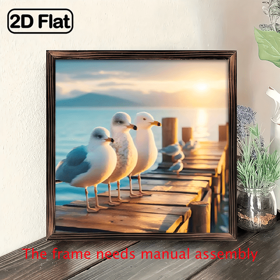 8*8 inch wooden frame painting - Warm Sun Seagull Pier. It can be used as a home decoration item or as a wonderful gift.