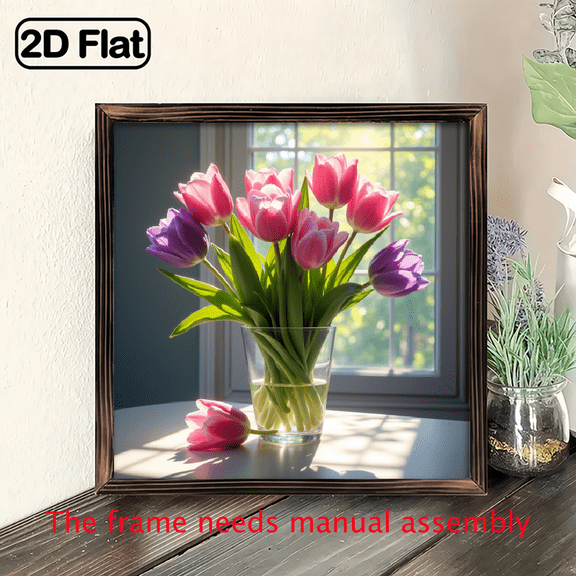 8*8 inch wooden frame painting - Warm window sill tulips. It can be used as a home decoration item or as a wonderful gift.
