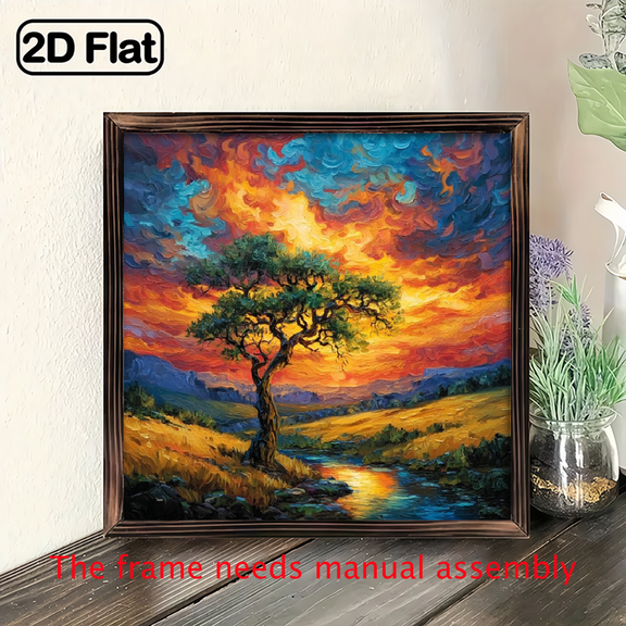 8*8 inch wooden frame painting - splendid sunset tree scene. It can be used as a home decoration item or as a wonderful gift.