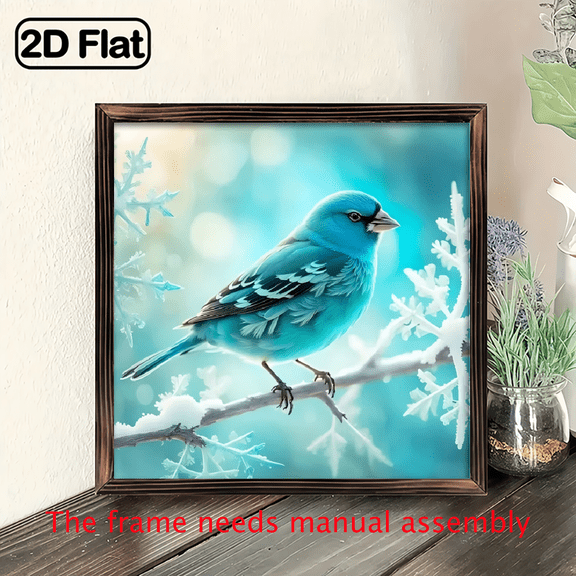 An 8*8-inch wooden framed painting - a delicate and lively picture of blue birds with snow branches. It can be used as a home decoration item or as a wonderful gift.