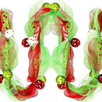8.85 FT Christmas Garland with Ball Red and Green Mesh, Christmas Garland Wreath Ribbon Elf Peppermint Candy Christmas Decoration, for Xmas Tree Mantel Front Door Stairs Outdoor Indoor Party Decor