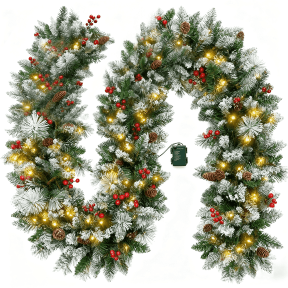 9ft Christmas Garland Snow Flocked with LED Lights w/ 8 Modes & Timer, Pine Cones Frosted Garland for Mantle Stairs Door Indoor Outdoor Decorations