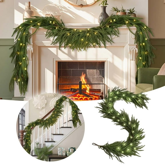 8.86FT Christmas Cedar Garland with Lights, Realistic Artificial Pine Garland for Holiday Mantle Fireplace Stairs Table Indoor Outdoor Decoration, Battery Operated