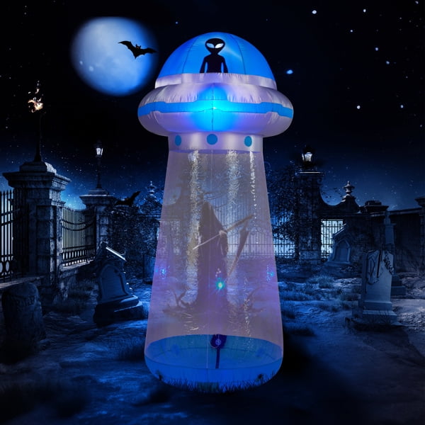 8.8FT Halloween Inflatable UFO Yard Decoration, Interactive Stand-In Design, LED Lights, Waterproof Polyester, Stakes/Ropes Included
