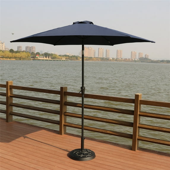8.8FT Outdoor Solar Powered Patio Umbrella, Outdoor Aluminum Patio Umbrella with 6 steel Rib, Round Market Umbrella, Crank and Push Button Tilt for Garden, Deck, Market and Pool, Navy Blue
