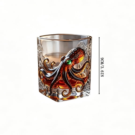 8.8Oz Nautical Octopus Embossed Lead-Free Crystal Whiskey Rocks Glass, 3.6 Inch Old Fashioned Tumbler Gift for Men Whiskey Bourbon Cocktail Lovers Home Bar Accessory