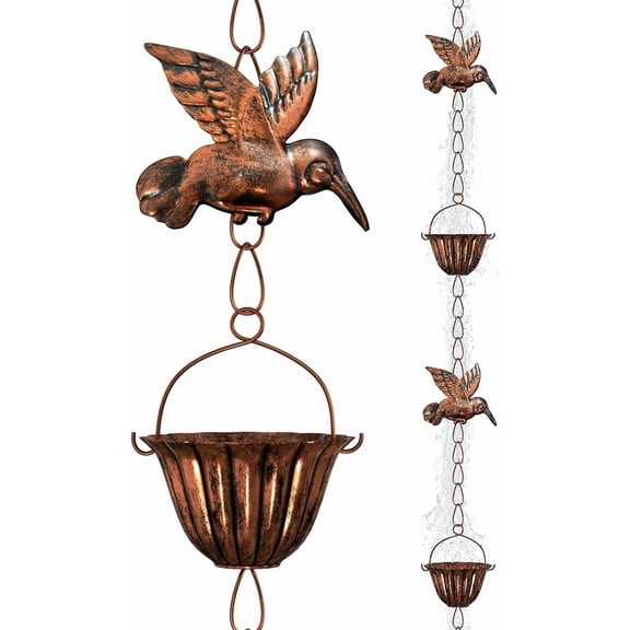 8.8ft Rain Chains for Gutters Outside, Catcher Chain with 6 Metal Cups & Hummingbird Decor, Adjustable Hanging Hutter Downspout Substitute Garden Drainage Eaves