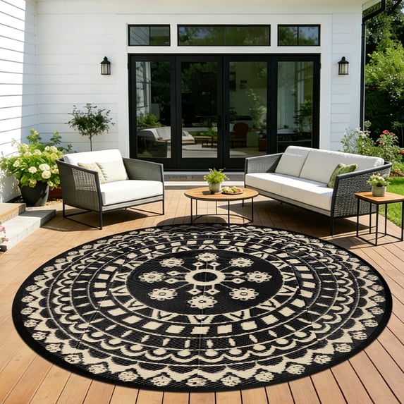 8*8ft Round Outdoor Rug Circle Outside Area Rug Boho Reversible Patio Rug Plactic Straw Rug for Patios,Deck,Picnic,Beach,Trailer,Camping,Black&Beige
