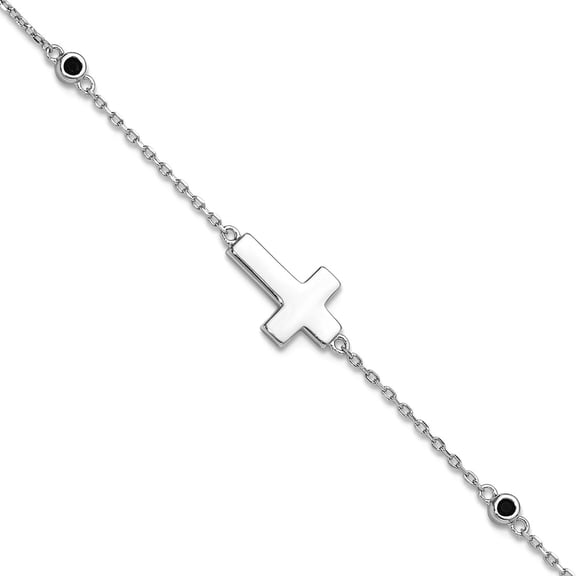 8.8mm 925 Sterling Silver Rhodium Plated Religious Faith Cross Black Spinel With 1in Extension Bracelet 7 Inch Link Brac