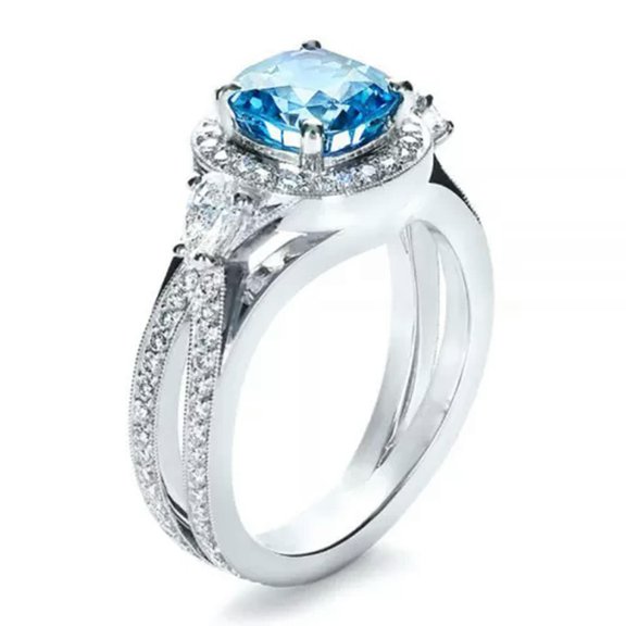 8*8mm Women's Luxury Aquamarine Blue Band 925 Silver Hollow Jewelry Ring Wedding