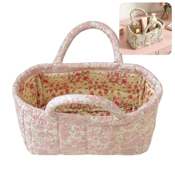 8.8x4.9x4.9 Inch Small Storage Basket Organizer, Mini Fabric Floral Storage Baskets with Handle, Quilted Portable Collapsible Storage