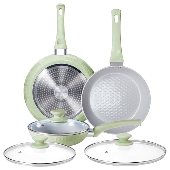 KITEXPERT Non Stick Frying Pan, 8" 9.5" 11" Ceramic Pan Set with Lid, Non Toxic Cooking Pan, Skillet for Induction Hob, Sage Green