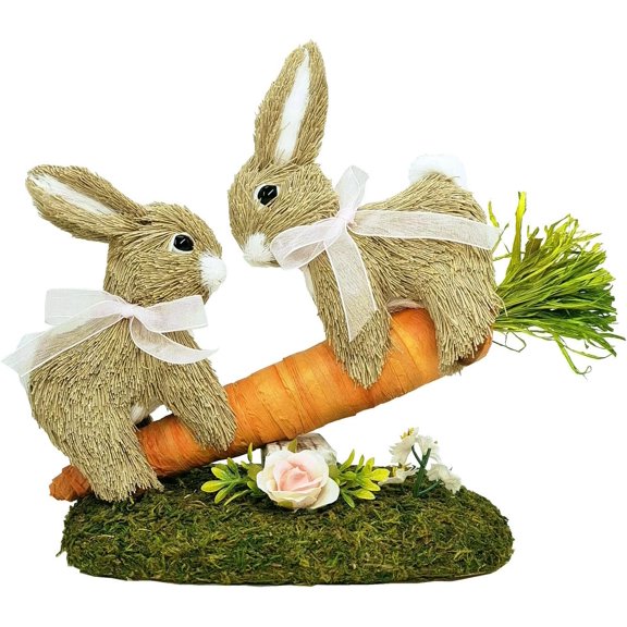 8.9 Inches Sisal Easter Bunny Decor on Carrot Seesaw, Natural Straw Easter Decorations Bunny Figurine on Moss Meadow as Spring Decor