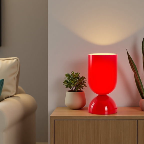 8.9" Modern Cylindrical Glossy Glass Table Lamp with Dome Base for Bedside, Living Room, Study, Lounge, Bar Counter, or Coffee Table,Red