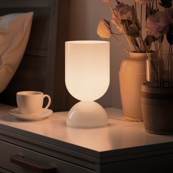 8.9" Modern Cylindrical Glossy Glass Table Lamp with Dome Base for Bedside,Living Room,Study,Lounge,Bar Counter,or Coffee Table,White