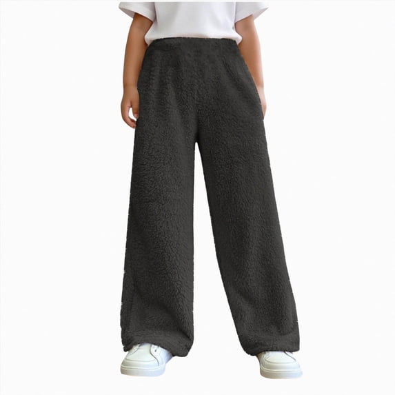 8-9 Years Girl Plush Fuzzy Pants Winter Warm Pants Straight Leg Pant Casual Fleece Trouser Winter Warm Pants Grey Pants