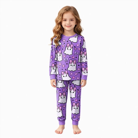 8-9 Years Girls And Boys Halloween Set Halloween Print Long Sleeved Homewear Party Boys Girls Halloween Pajama Costumes Purple Halloween Clothing
