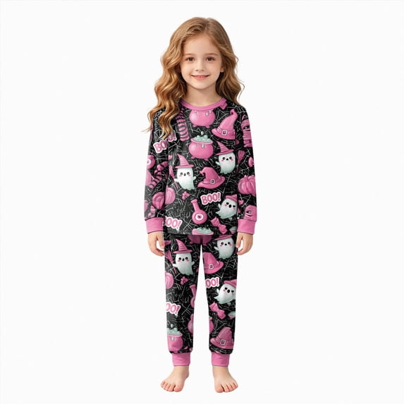 8-9 Years Girls And Boys Halloween Set Halloween Print Long Sleeved Homewear Two Piece Set Party Boys Girls Halloween Pajama Costumes Hot Pink Halloween Clothing