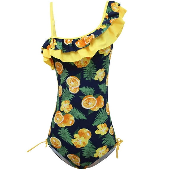 8-9 Years Little Girls Swimsuit Toddler Kids Baby Girls Fashion Cute Flower Fruit Print Bikini Ruffles One-piece Swimsuit Yellow