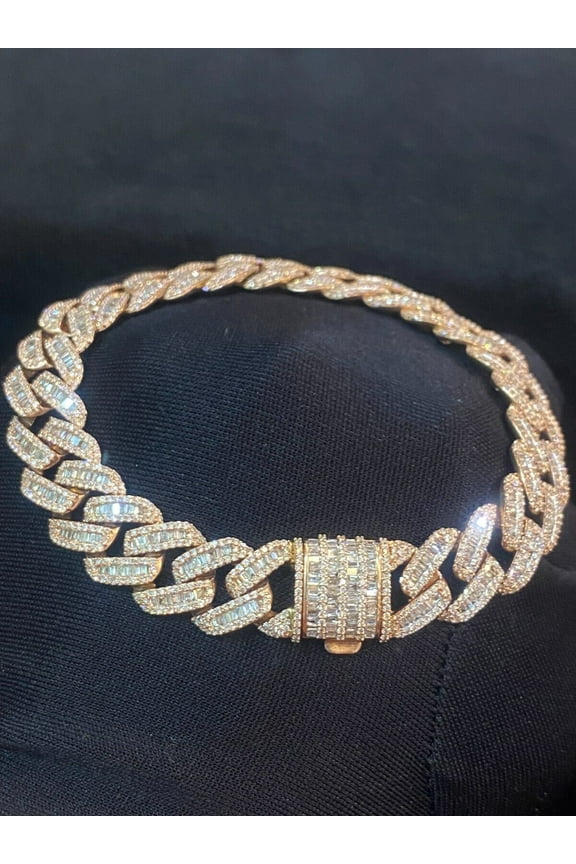 8.90 Carats Round Baguette Cut Diamonds Men's Cuban Link Chain Bracelet In Hallmark 14K Rose Gold