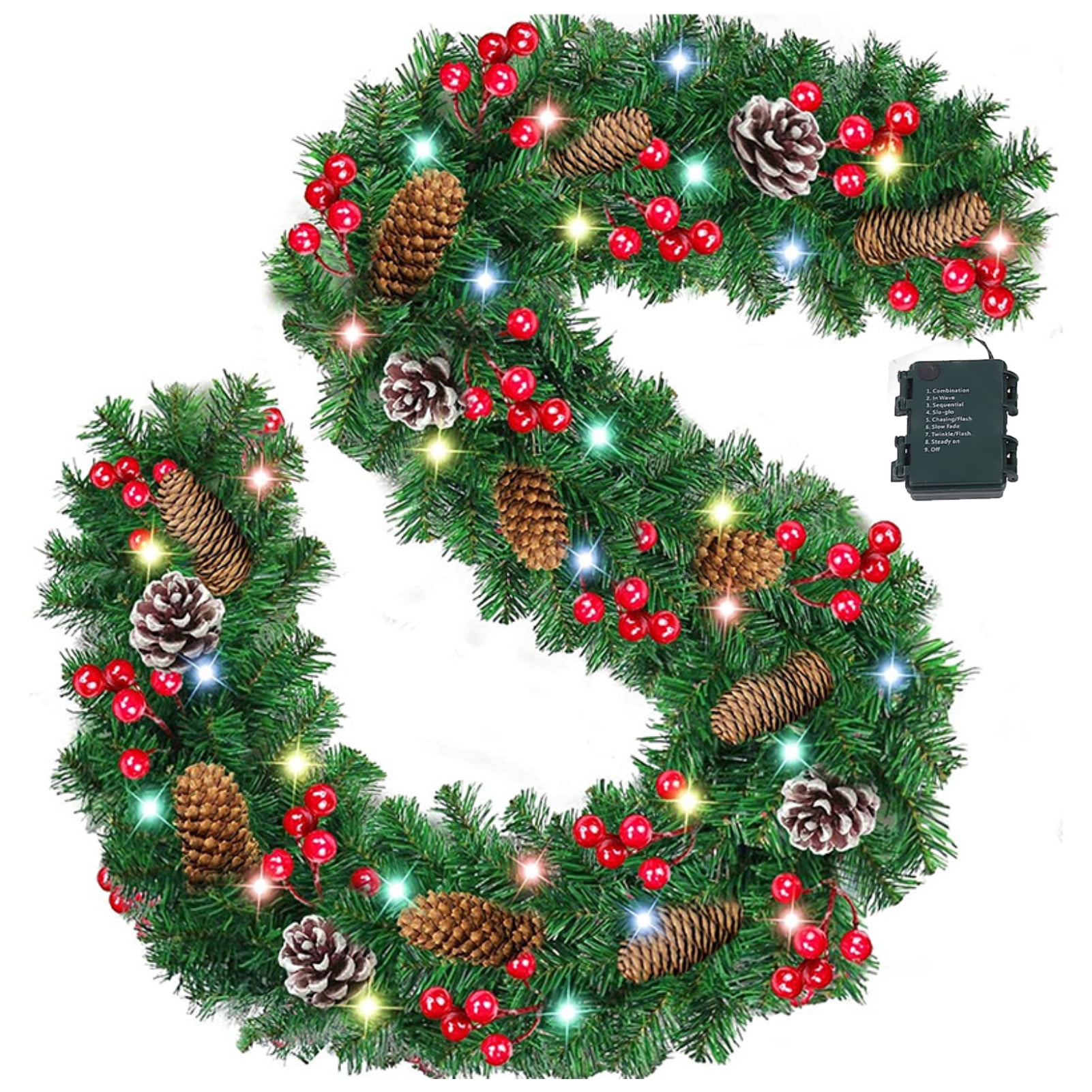9FT Christmas Garland Decoration with 50 LED 8 Modes Lighting Effect Battery Operated,Pre-Lit Lighted Garland with Pine Cones Red Berries for Xmas Holiday Stairs Fireplaces Indoor Outdoor Decor