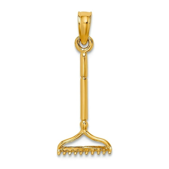 8.9mm 10k Solid Yellow Gold 3-d Landscape Rake Garden Tool Charm Pendant Necklace for Women