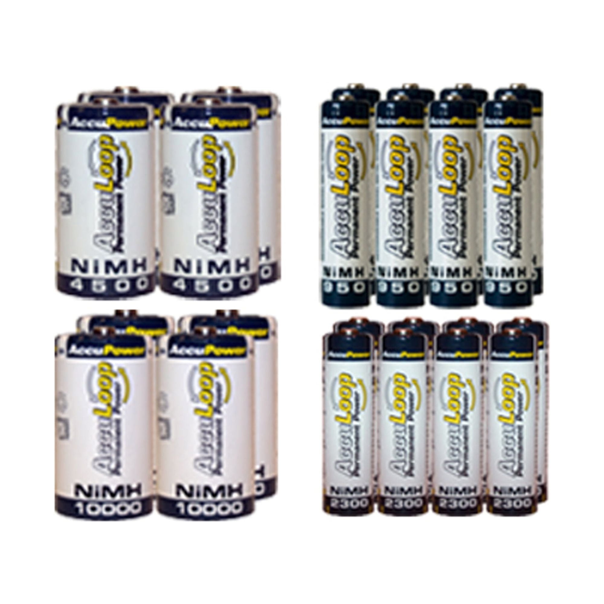 8 AA (2600 mAh) + 8 AAA (1100 mAh) + 4 C (4500 mAh) + 4 D (10000 mAh) NiMH AccuLoop Batteries