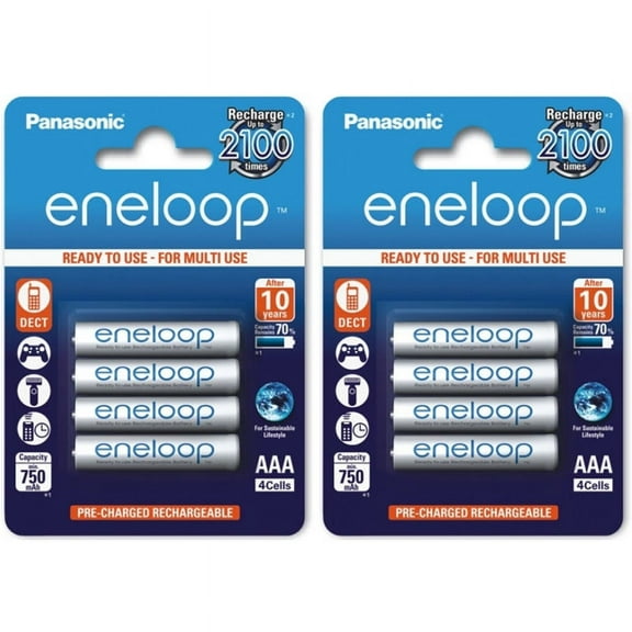 8 AAA Panasonic Eneloop Pack BK-4MCCE Rechargeable Batteries min 750 mAH, 2x4 Pk