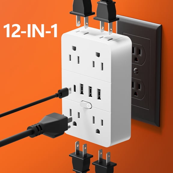 8 AC Outlets, 3 USB, 1 Type-C Port Power Strip, Multi-Plug Adapter w/Overload Protection, One-Button Switch for Home
