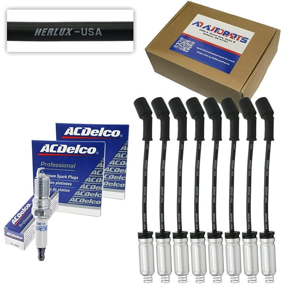 8 ACD-OEM Spark Plugs 41-962 Double Platinum + Herlux (8mm Made in USA) Spark Plug Wires + 8 Heat Shields For LS2 LS3 LS4 LS7 Engines