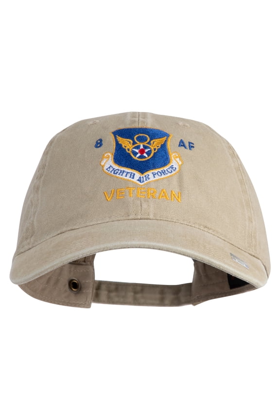 8 AF Eighth Air Force Veteran Embroidered Washed Solid Pigment Dyed Cotton Twill Brass Buckle Cap - Khaki OSFM