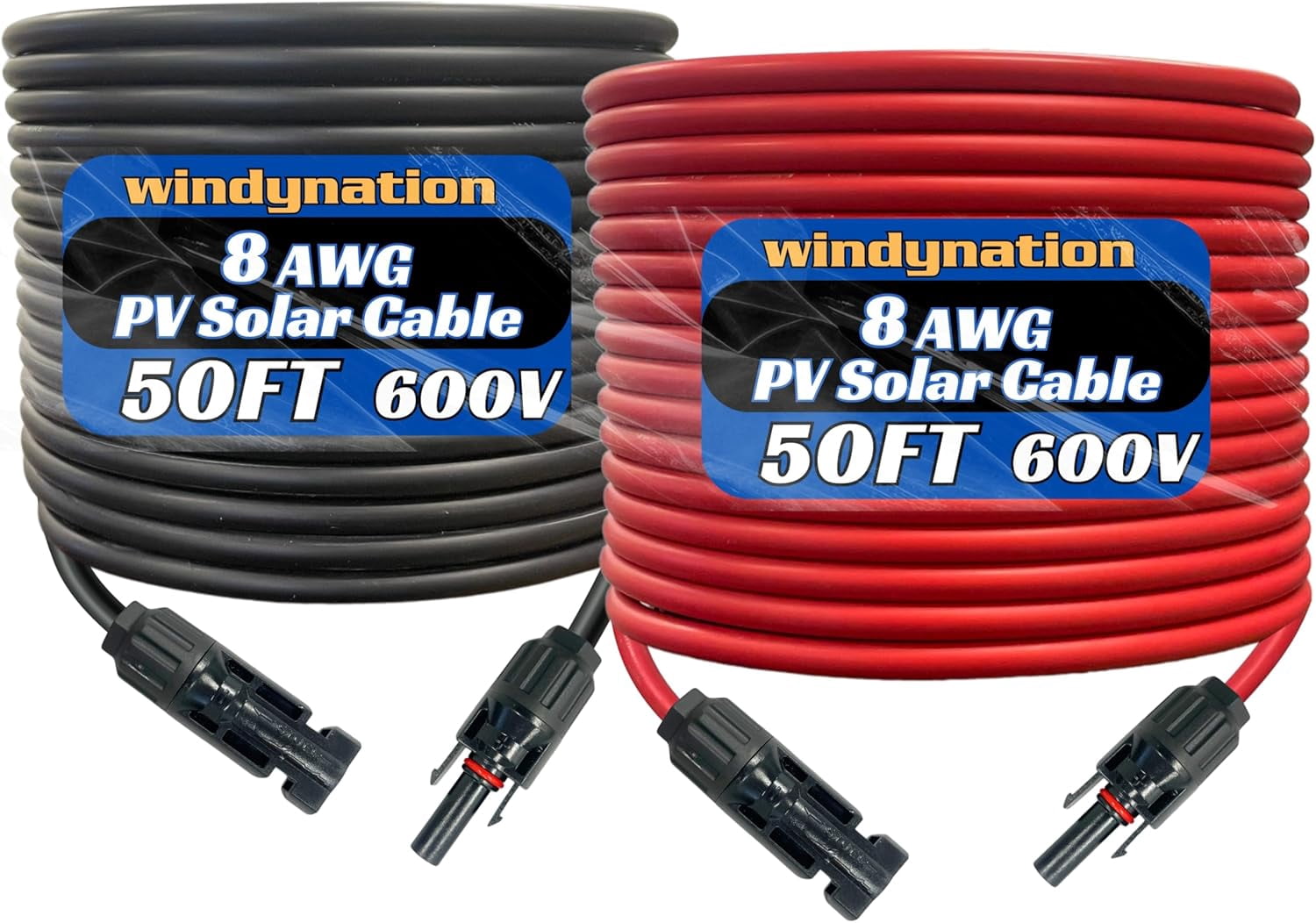 8 AWG 8 Gauge Pair 50 Feet Black + 50 Feet Red PV Photovoltaic Solar Panel Extension Cable Wire with Solar Connectors